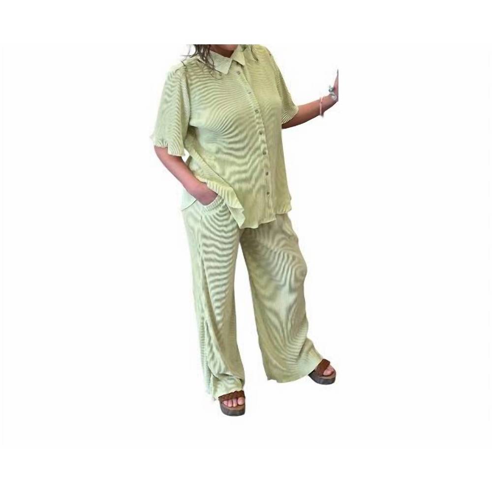 NEW SHE + SKY plisse button down top with pants in lime